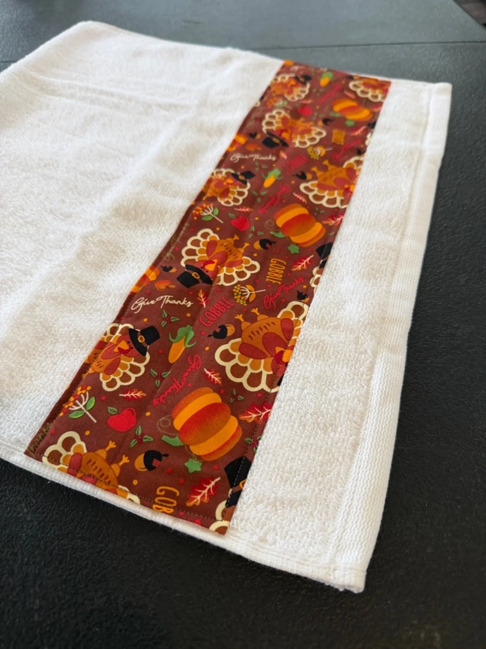 White Hand Towel with Autumn Turkey Print Accent